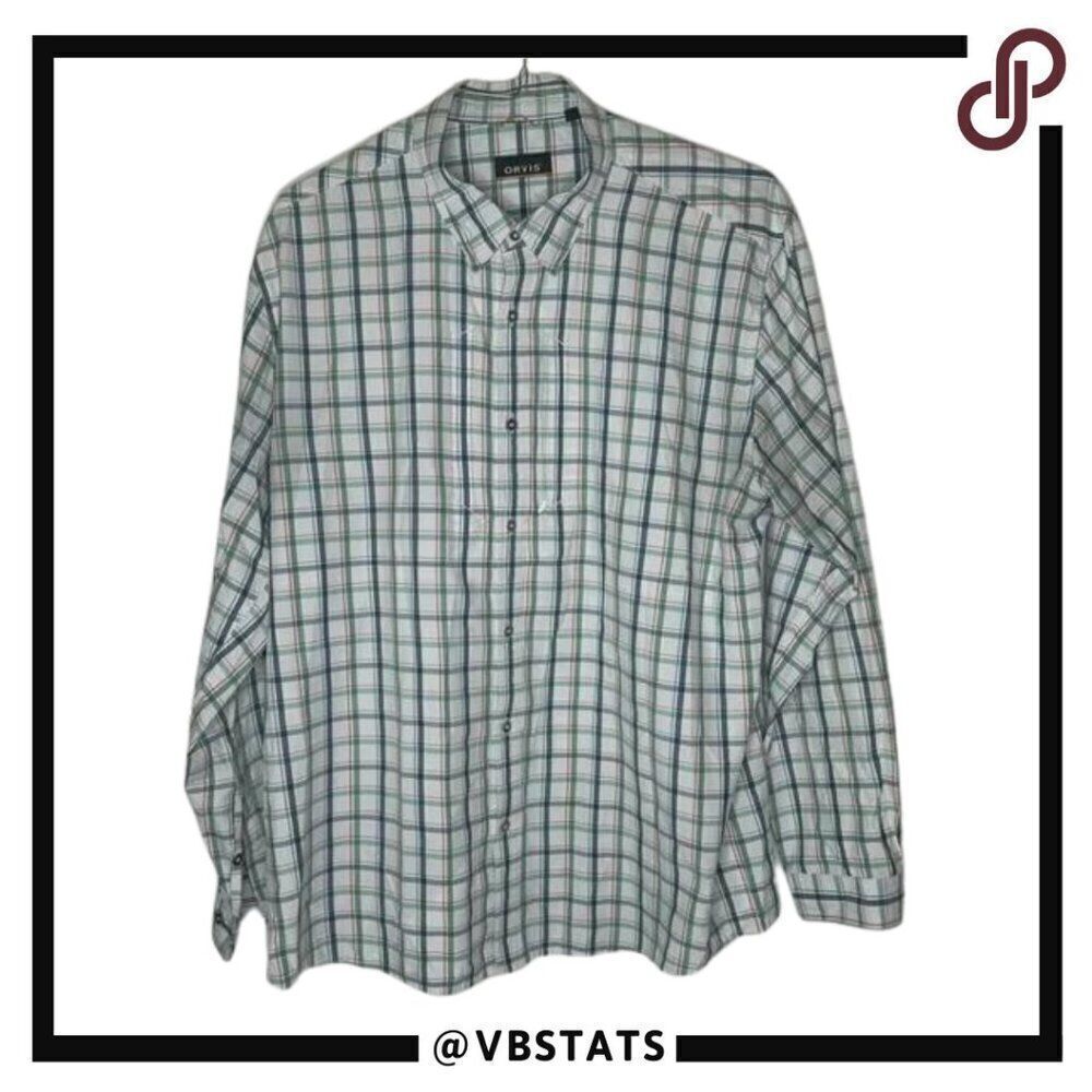 Orvis LS Orange-Green-Charcoal-White Plaid Striped‎ Shirt in Size XL